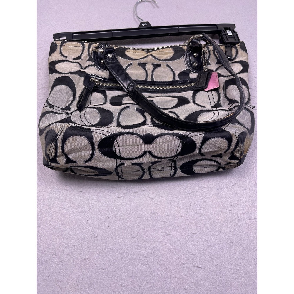 Coach Signature C Jacquard Patent Leather Tote Bag Black Grey Womens